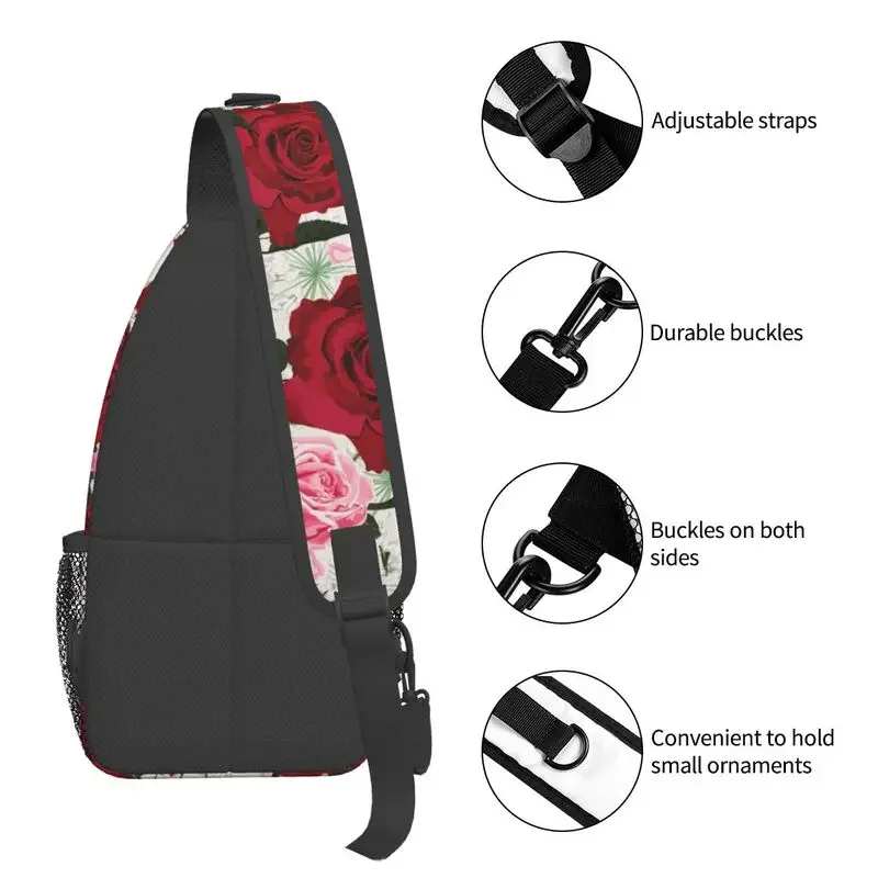 Mochila crossbody padrão floral para homens, Cool Shoulder Chest Bags, Sling rosa vermelho, apto para viagens, ciclismo