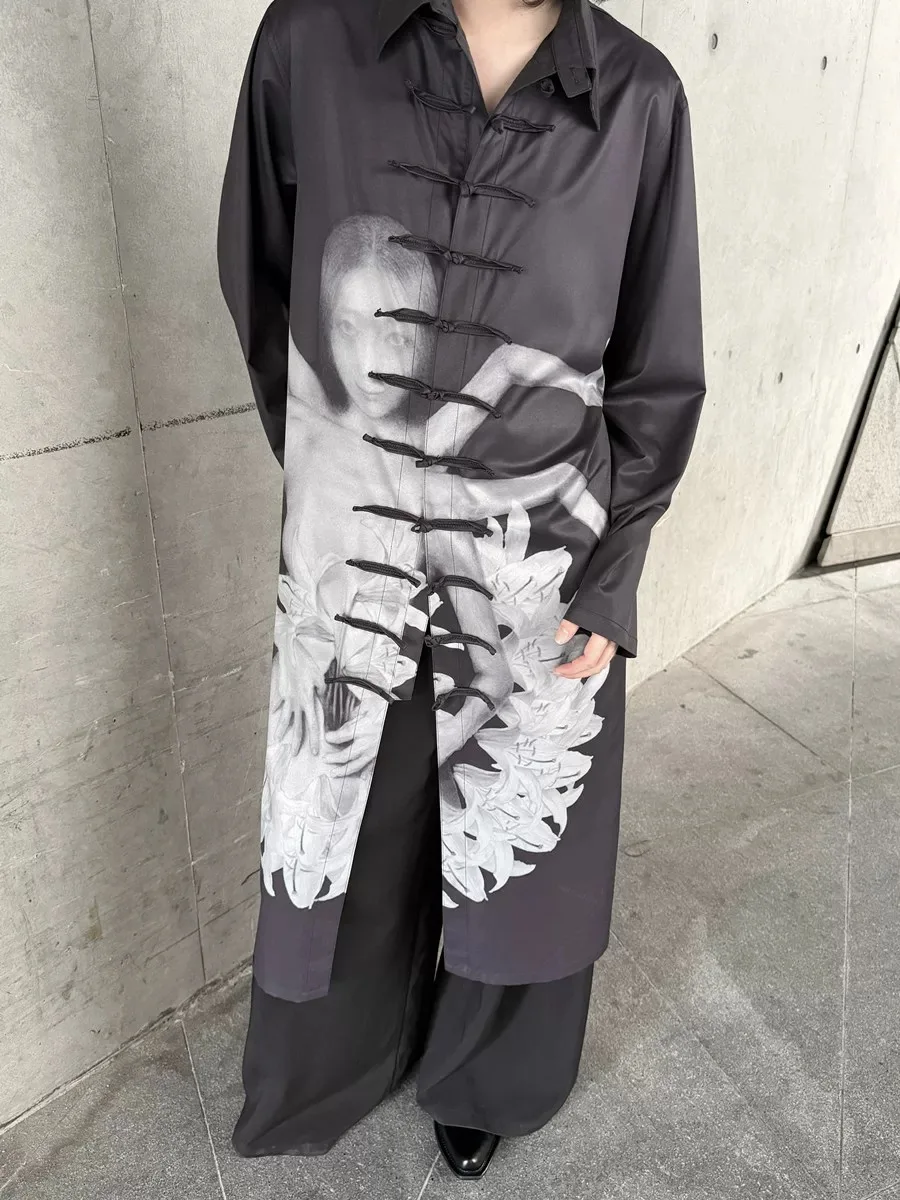 YAMAMOTO-Style Long Shirt 2026 Lily Asura Disc Button Printed Shirt Black Shirts Blouses For Women And Men Oversize Shirt