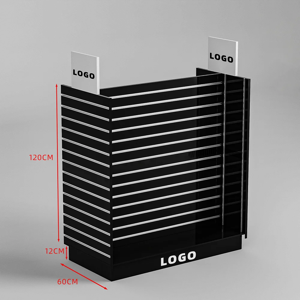 Custom.High Quality Double Sided H Shaped MDF Slatwall Display Stand - Warna Kayu