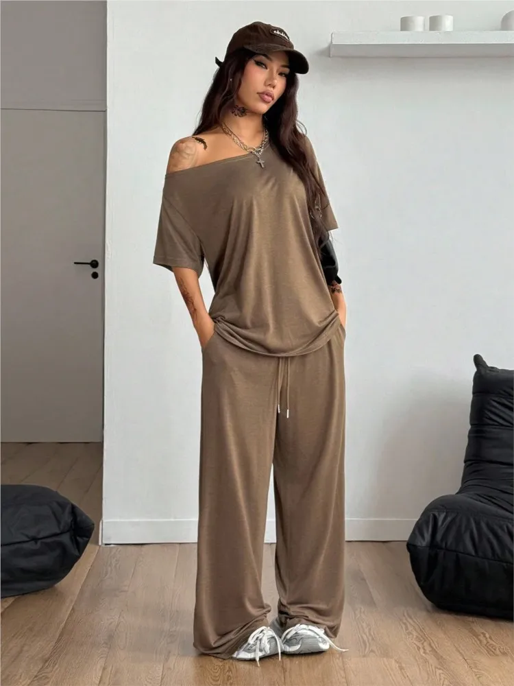 

2026 Spring/summer Wide Leg Sports 2-piece Sets Women's Casual Tshirt 2-piece Long Pants Set Home Wear Jogging Loose Pants