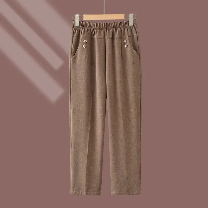 Elderly Women Summer Thin High Waist Elastic Waist Straight Cropped Pants Casual Daily Wear S-4XL