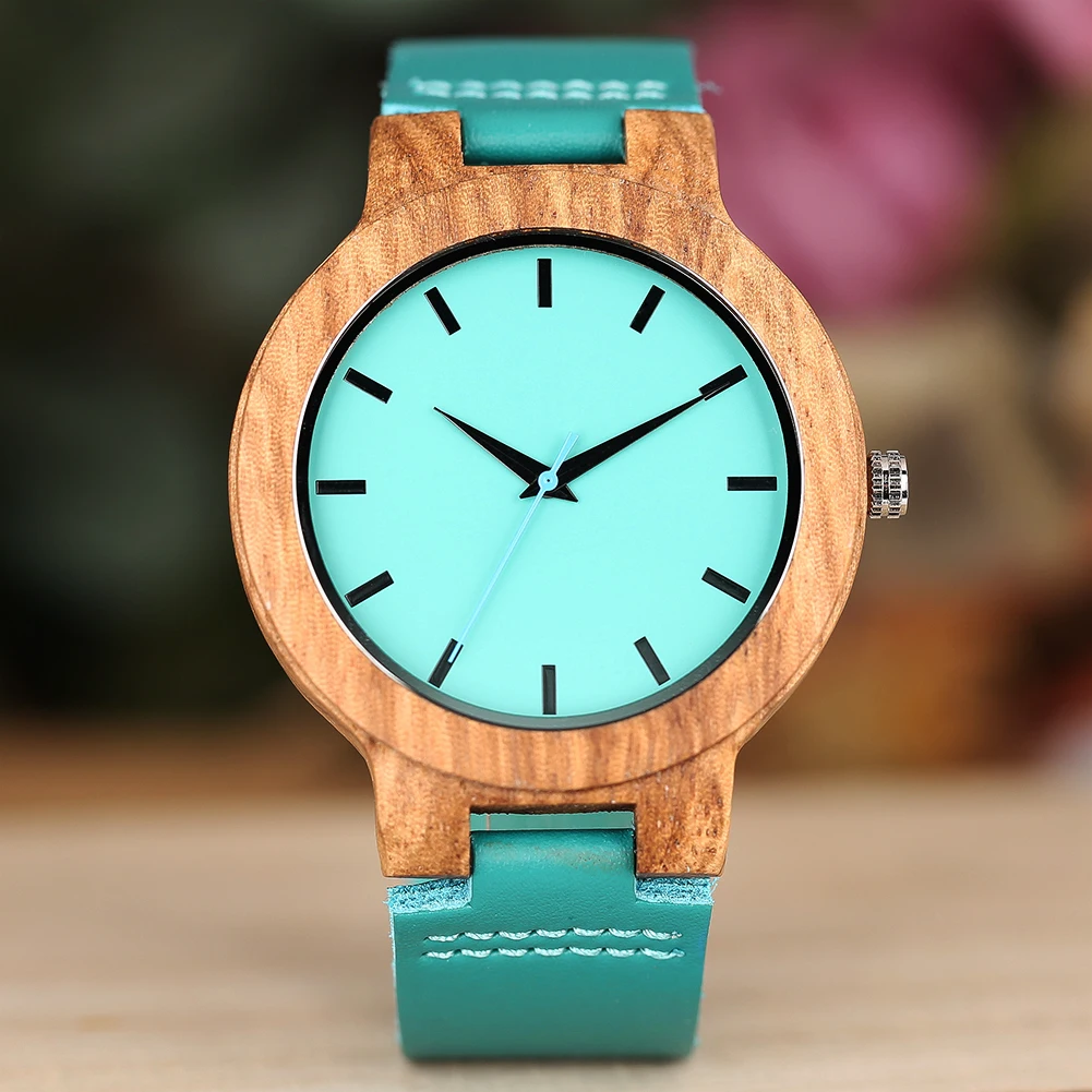 Minimalist Scale Blue Dial Quartz Wood Watches for Men Women Couple Styles Genuine Leather Lover\'s Wristwatches Zebrawood Watch