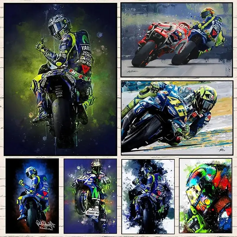 Valentino Rossi - Impresión en lienzo HD de motociclista en acuarela, póster artístico de carreras de motos para decoración del hogar