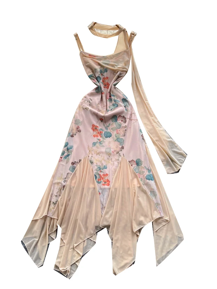 الفرنسية Sle عالية الخصر ألف خط الدكتور الصيف Vaion المرأة خارج أولدر تنورة طويلة مطبوعة لي تصميم Netie غير المتكافئة