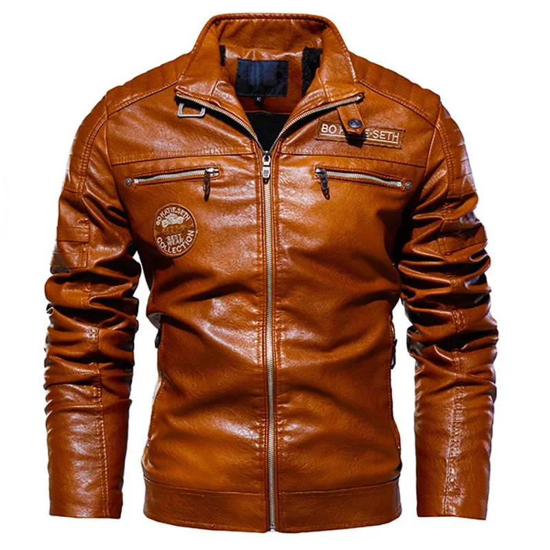 Giacca da uomo in pelle giacca a vento casual con colletto alla coreana da uomo in pile invernale da motociclista giacca in pelle PU Ropa De Hombre cappotto sottile 3XL