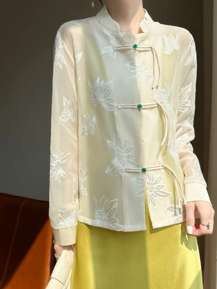 

Женский летний новый топ в стиле ретро с вышивкой и защитой от солнца irt Long Sve, китайский топ на пуговицах, свободный крой с принтом