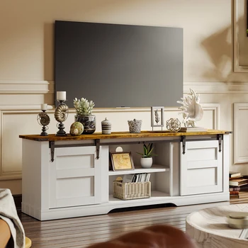 Entertainment Center with Storage Cabinets and Sliding Barn Doors, Rustic Media TV Console Table for Living Room, Bedroom, White 1