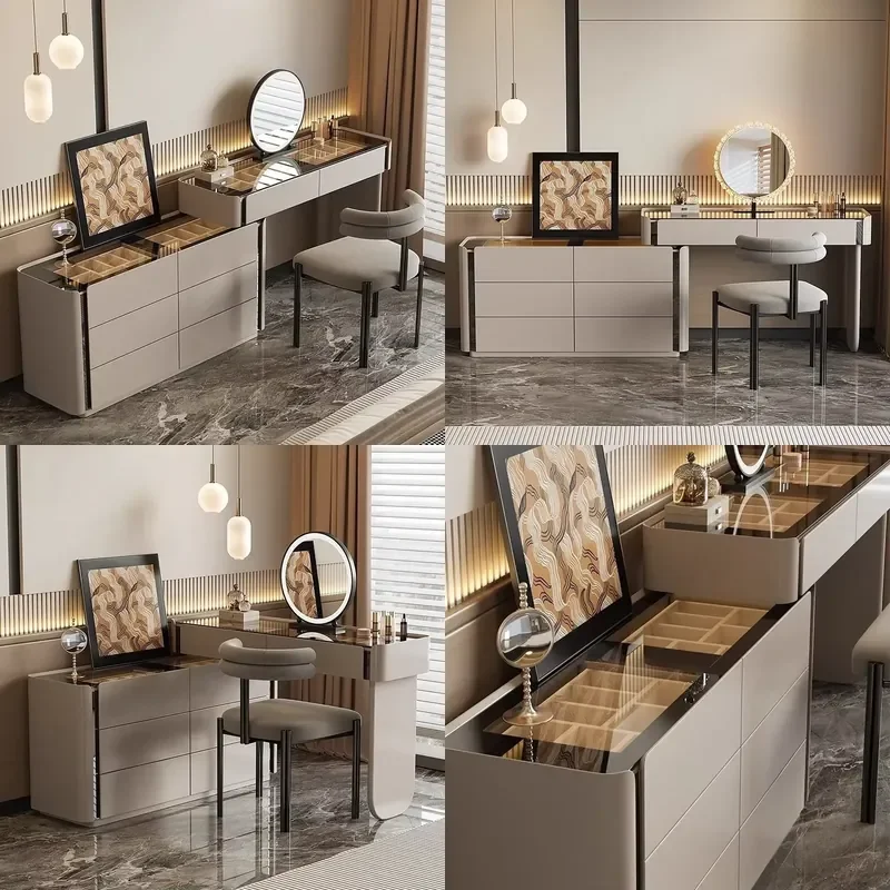 Modern Dressing Table with Mirror and Stool Bedroom Vanity Set Chest of Drawers Makeup Console Jewelry Cabinet Storage