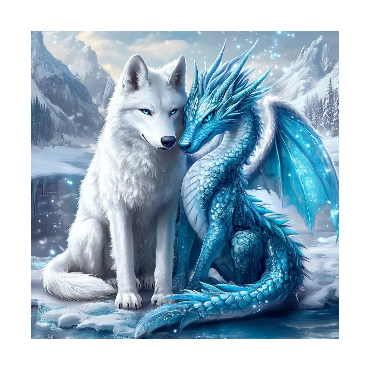 1 Stück 30x30 cm/11,8 Zoll, 11Ct/14Ct Kreuzstich-Set, DIY Valentinstagsgeschenk, Stickerei-Set für Festlichkeiten, Weißer Wolf und Eisdrache – Detail 4