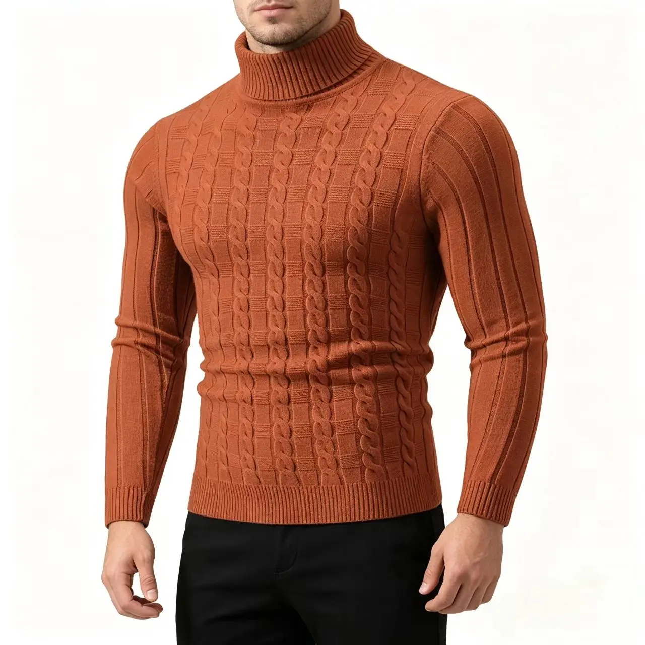 Men's Fried Dough Twist High-Neck Pullover Sweater Autumn Casual Solid Color Vertical Stripe Knitted Comfortable Basic Sweaters