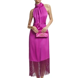 New Women Dress Hanging Neck Style Dress High Collar Sleeveless Fringe Skirt Hem Belt Evening Dresses Fashion Ladies Party Dress