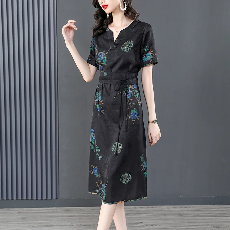 

2023 New Fashion Silk Printed Dress Women's Summer Versatile Short Sleeve Loose Fit Leisure Holiday Leisure Dress Vestidos