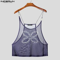INCERUN, camisetas sin mangas para hombre, chalecos transparentes de malla con estampado de cuello redondo sin mangas para hombre, ropa de calle Sexy 2025, ropa informal de moda para hombre
