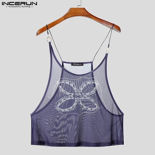 Imagen 1 del producto INCERUN, camisetas sin mangas para hombre, chalecos transparentes de malla con estampado de cuello redondo sin mangas para hombre, ropa de calle Sexy 2025, ropa informal de moda para hombre
