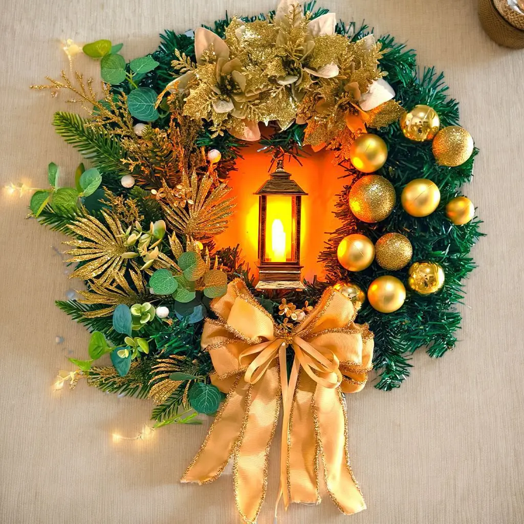 

New Christmas Wreath Simulation Flower Christmas Ball Decoration Door Hanging Bow Oil Lamp Party Festival Wall Hanging
