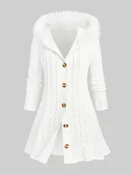 ROSEGALPlus Size Cardigan for Women White Faux Fur Hooded Sweater Casual Cable Knit Longline Cardigans Female Top Outwears 4XL