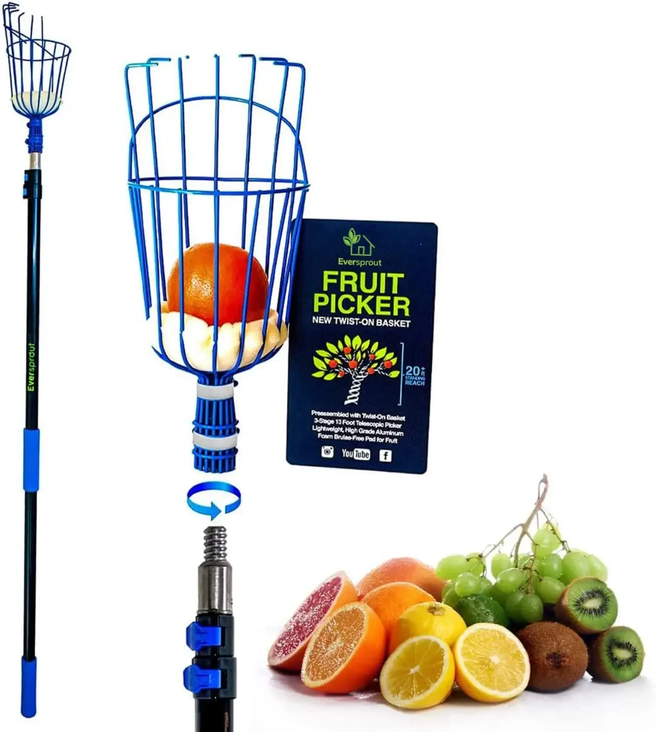 

12-Foot Fruit Picker (20+ Foot Reach) | Telescoping Fruit Picker Pole, Easy to Attach Twist-On Apple Basket | Lightweight