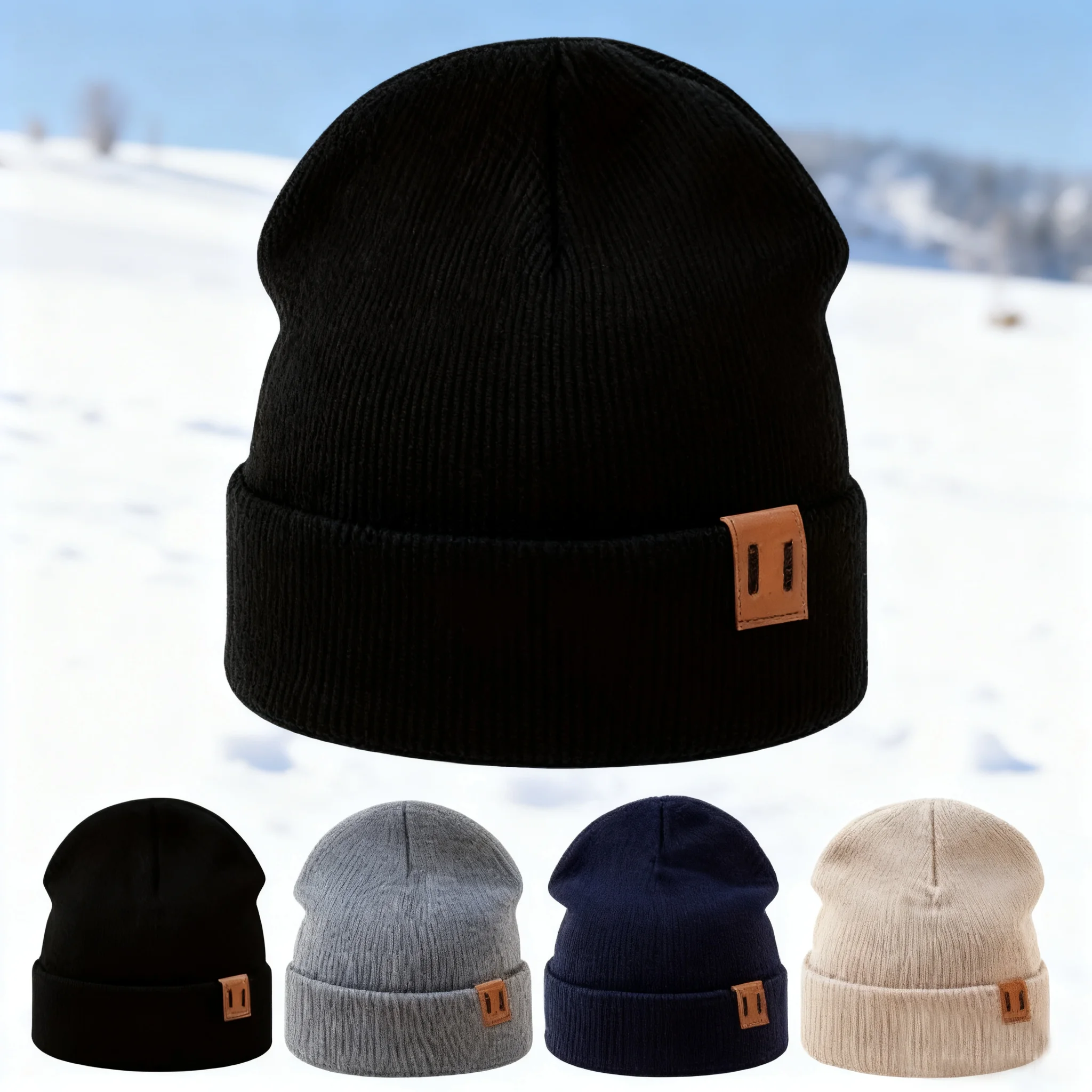 Autumn Winter Fashion Solid Color Knitted Pullover Beanie Unisex Thick Warm Skullies Hat for Adults Outdoor Commute Ski Hiking