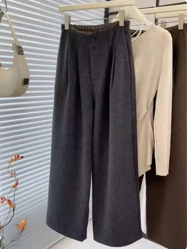 

Ele женские шерстяные плиссированные широкие брюки осень-зима утягивающие брюки Quali с эластичной резинкой на талии Simple Sle Faion