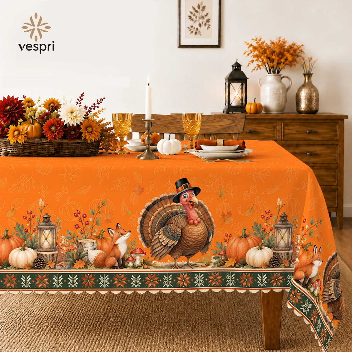 Harvest Tablecloth with Turkeys & Corn for Indoor/Outdoor Camping decor, Rectangular/Round/Oval