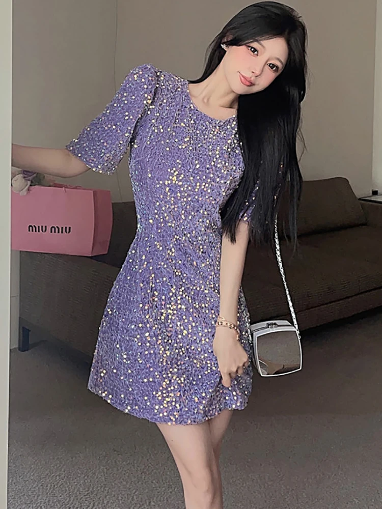 Zomer paarse pailletten mini-jurk met korte mouwen 2025, Koreaanse vintage luxe party vestidos vrouwen elegante bodycon party night dress
