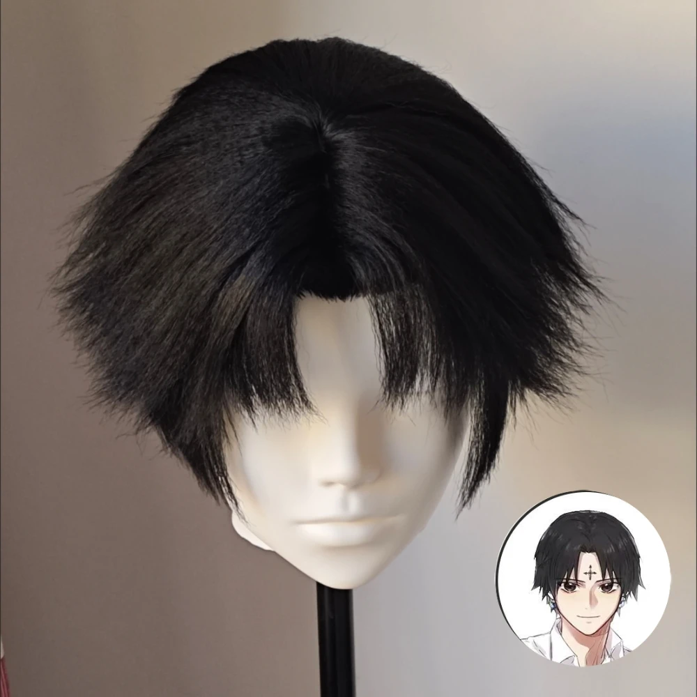 Chrollo Lucilfer Cosplay Short Wig Black Middle Part with Simulation Scalp Top Rose Net Heat Resistant Synthetic Fiber Halloween