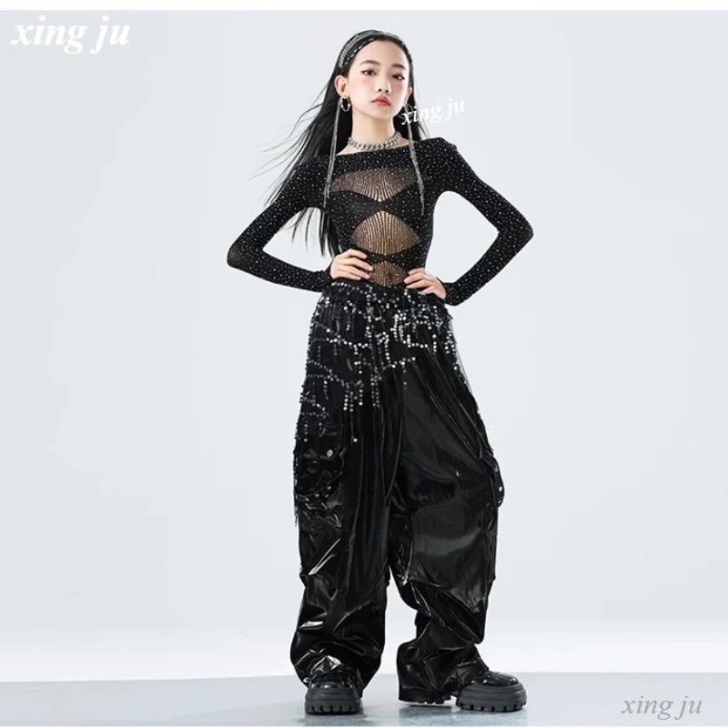 Kids Hip Hop Stage Performance Outfits Kinderen Jazzdans Kostuum Meisjes Street Dance Zwart Mesh Hollow Out Tops Leren Broek