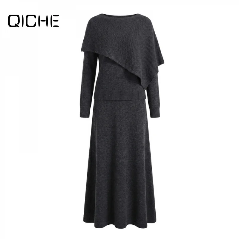 QICHE Women Clothing 2026 Lazy Style Knit Top & Midi Skirt 2 Piece Set, High Grade Outfit Female Clothes