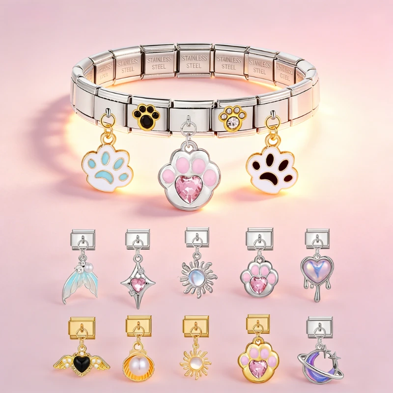 

Fashion Zircon Charm Bracelet Moon Pentagram Sun Heart Italian Charm Links Fit 9mm Stainless Steel Bracelet Jewelry DIY Making