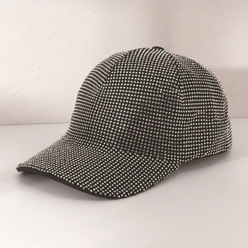 Unisex European American fashion baseball cap with sparkling rhinestones, sweet curved brim, and a duckbill design, perfect
