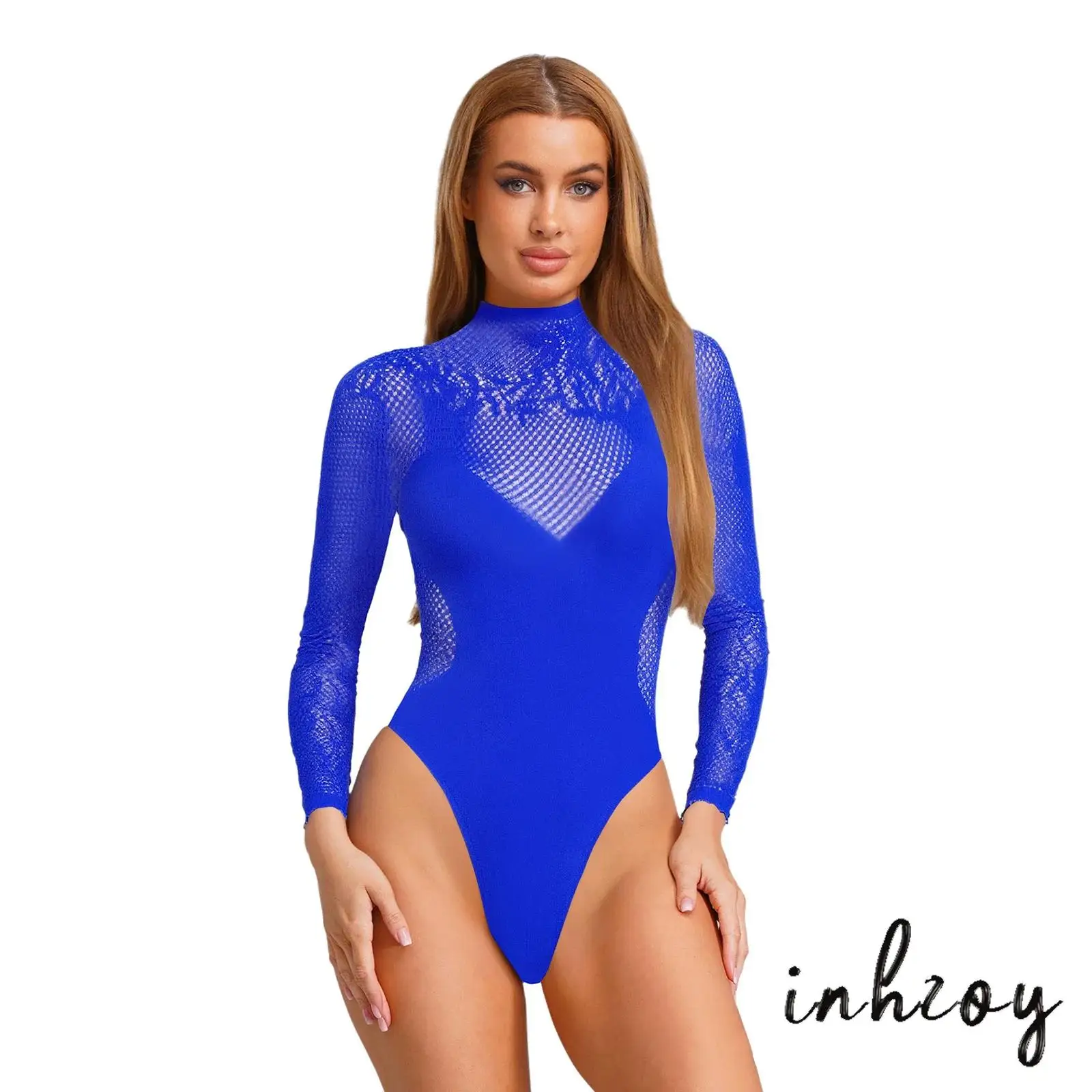 

One-Piece Womens Sexy High Cutting Fishnet Bodysuit Long Sleeve See Through Back Cut Out Leotard Clubwear Bathing Suit Cover Up