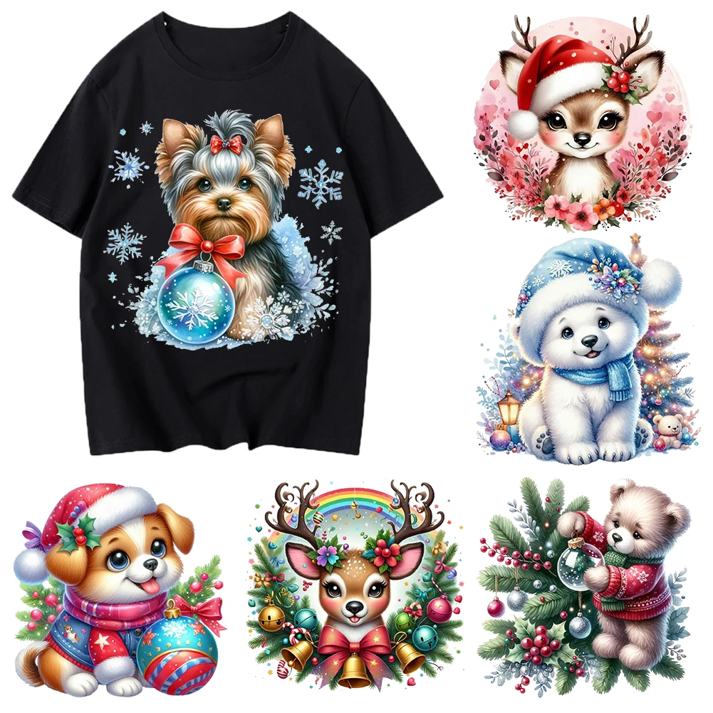 Autocollants de transfert de chaleur de wapiti de Noël pour vêtements, décalcomanie de t-shirt lavable, appliques thermiques, vinyle imprimé DTF