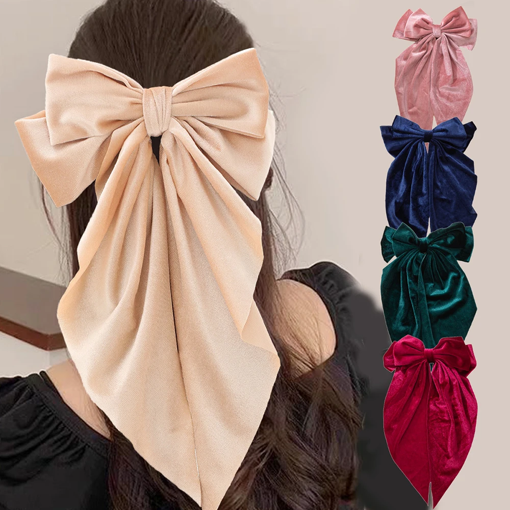 Large Bowknot Hairpins Ribbon Bows Spring Clip Back Head Barrettes Long Big Bow Velvet Hair Clip Long Velour Hair Accessories