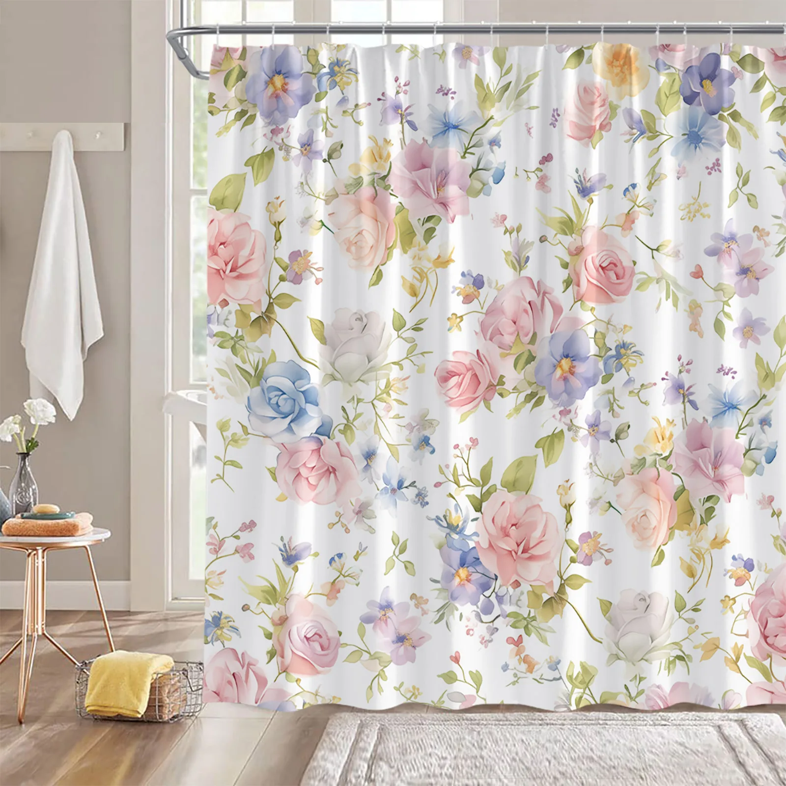 

Flowers Plants Shower Curtains Heart-shaped Leaves Autumn Bathroom Decorations Leaf Floral Modern Bathtub Curtain with Hooks