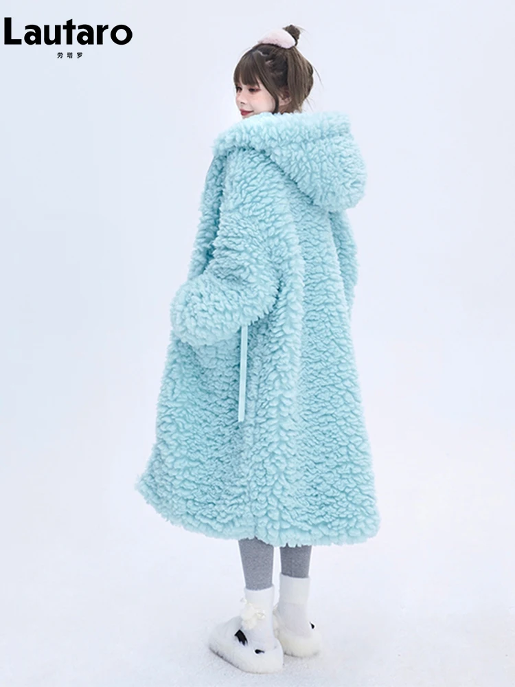 Lautaro Winter Long Oversized Casual Thick Warm Blue Thick Warm Fuzzy Fluffy Faux Fur Coat Women with Hood Zipper Fashion 2023