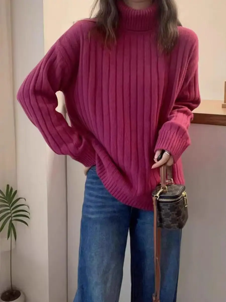 Pull en laine Pure à col haut pour femme, manches longues, couleur unie, tricoté, décontracté, Chic, Style de rue, hiver