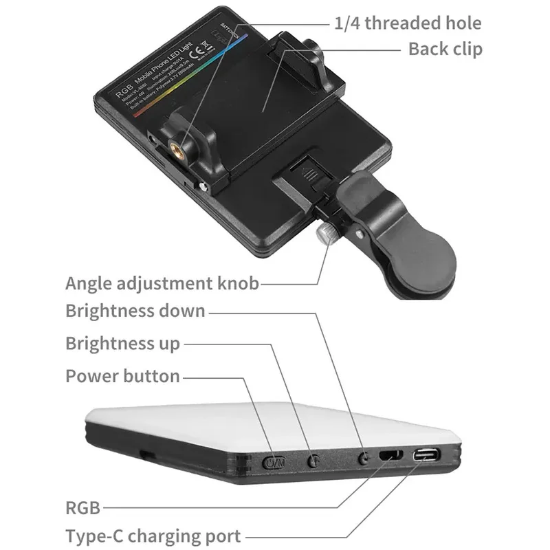 Wypełniające światło RGB LED Prosta kieszeń Fotografia wideo Oświetlenie Kieszonkowy klip Vlog na żywo do telefonu iPhone iPad Laptop z aparatem