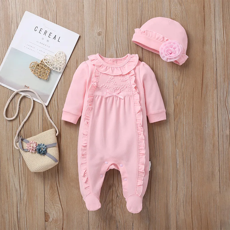 Baby Onesie Crawling Suit With Hat Girls Cute Long Sleeve Flower Jumpsuit Infant Outwear Romper Clothes 1-3-6-9-12M