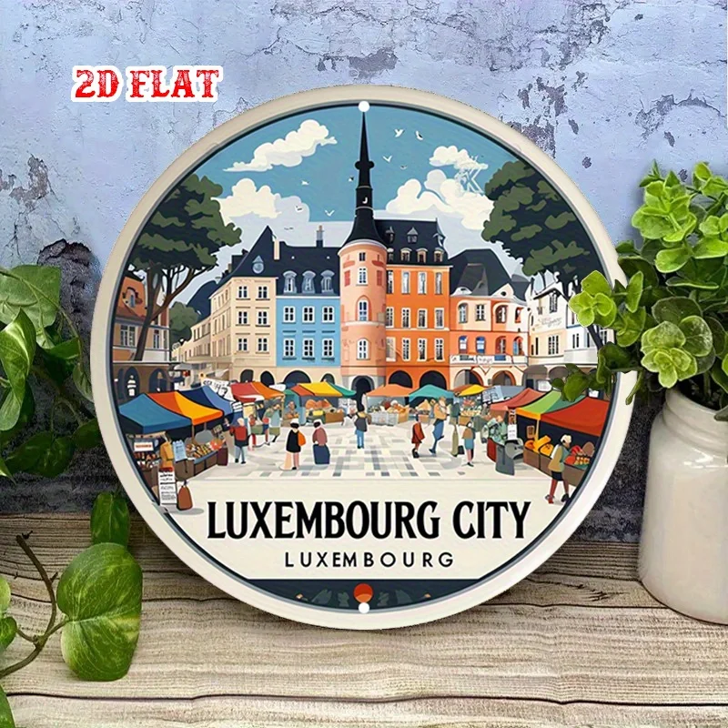 Vibrant Two-Dimensional Flat Metal Sign, Circular Sign of Luxembourg City, Cityscape, Circular Sign—Metal Wall Art for Streets and Rural Areas