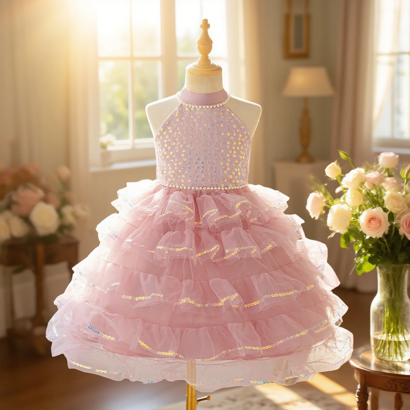 

Детское платье с пайетками и бретелькой на шее для девочек, подходящее для свадьбы и дня рождения, фестивальное платье подружки невесты, элегантная праздничная одежда