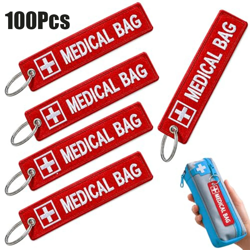 100Pcs Double Sided Embroidered MEDICAL BAG Keychain Tags Red Cross First Aid Alert Luggage Pendant for Backpack Suitcase
