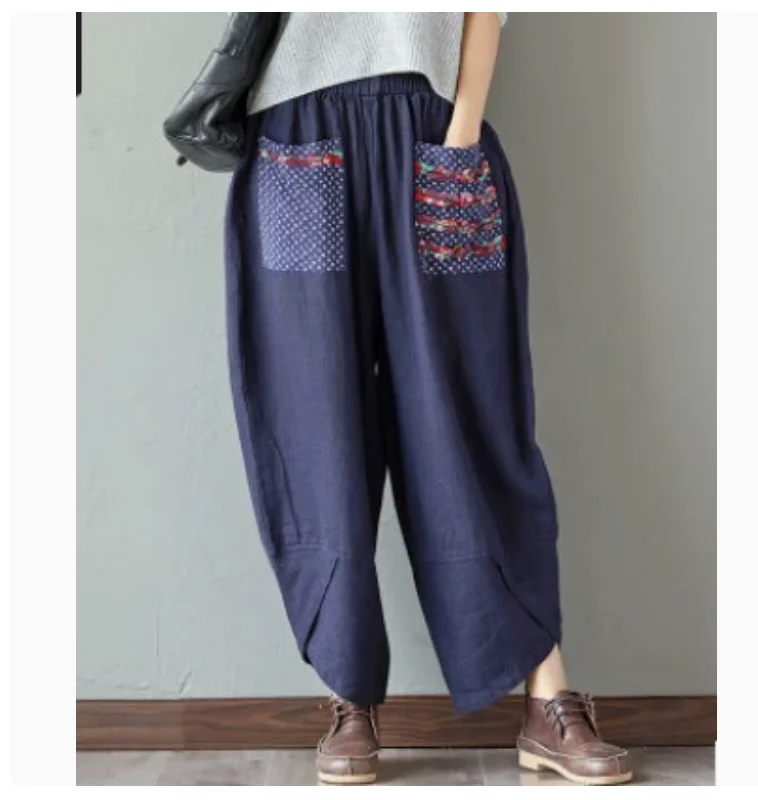 1pcs/lot  Summer Casual Loose Long Trouser Women Elastic Waist Retro Print Linen Cotton Harem Pants