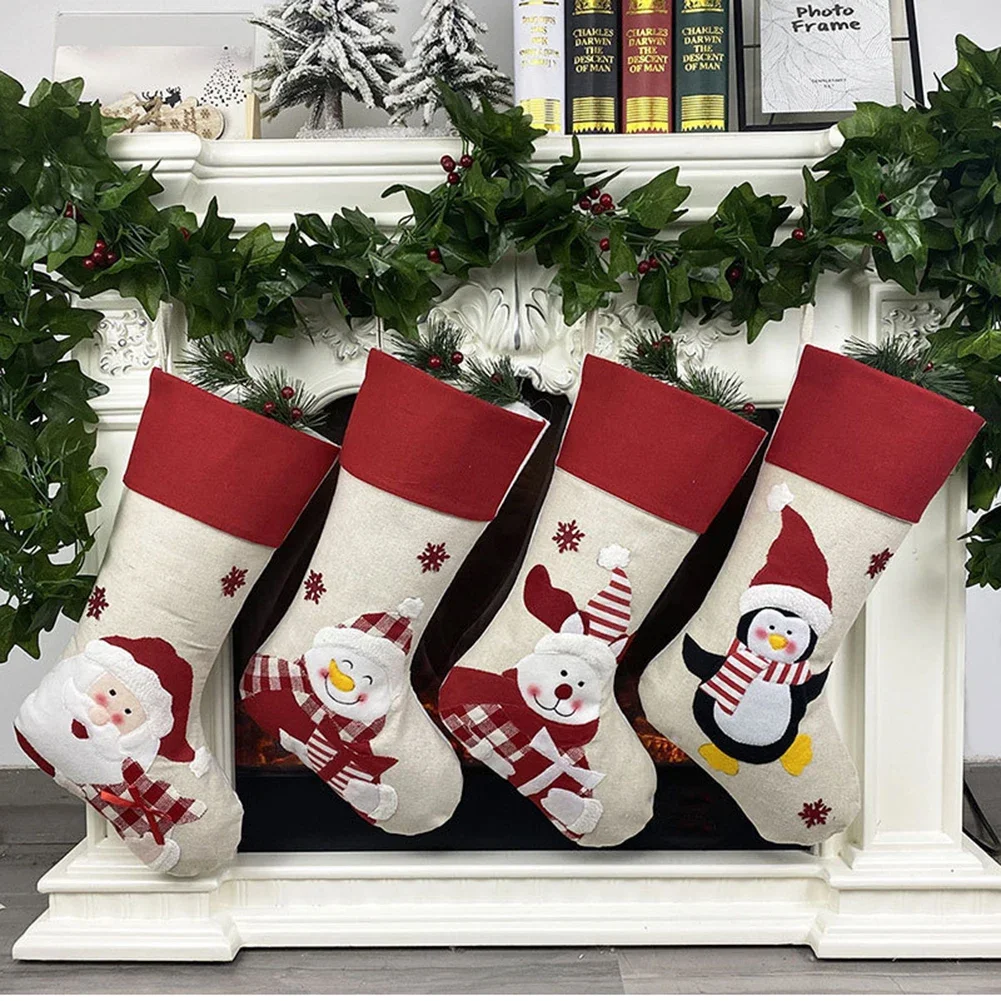 Bonitas medias navideñas, Papá Noel, alce, muñeco de nieve, bolsa de regalo de dulces, bosque, botas de muñeca para hombre viejo, Navidad casera, chimenea, fiesta Acc