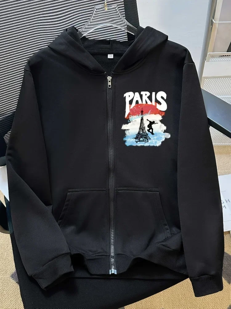Boys Girls Street Style Zip Up Hoodie Paris Letter Eiffel Tower Skateboarder Graphic Long Sleeve Loose Outerwear Sweatshirt