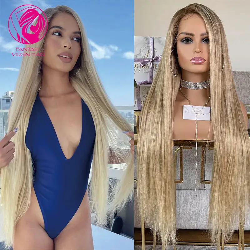 Creamy Golden Blonde Full Lace Wig Medium Blonde Roots Ombre Straight Human Hair Wig Preplucked Hd 13x6 Lace Front Wig FreeStyle