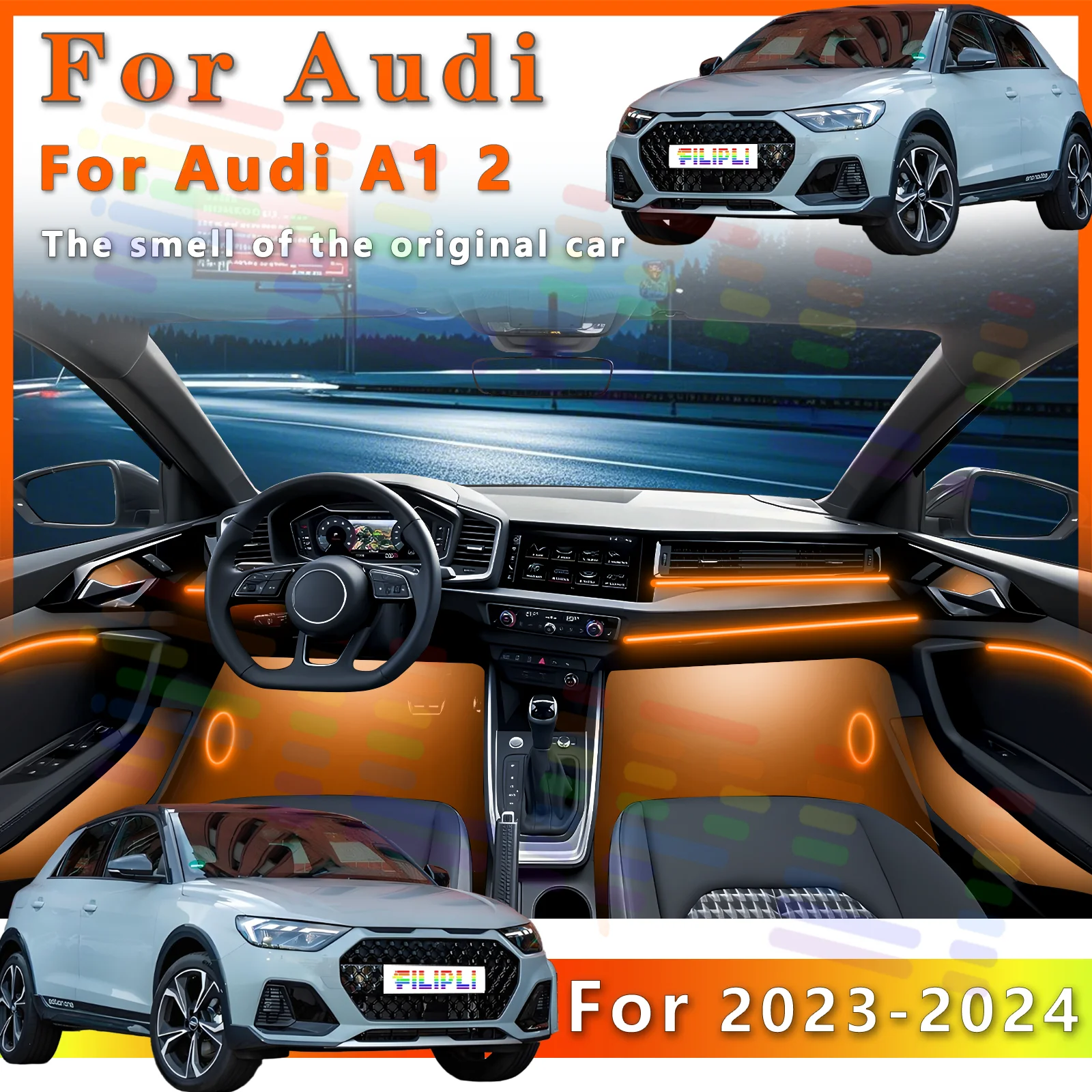 For Audi A1 2023-2024 Car Interior RGB LED Atmosphere Light Strip Fiber Optic Neon Invisible Ambient Lamp APP Decoration Trim