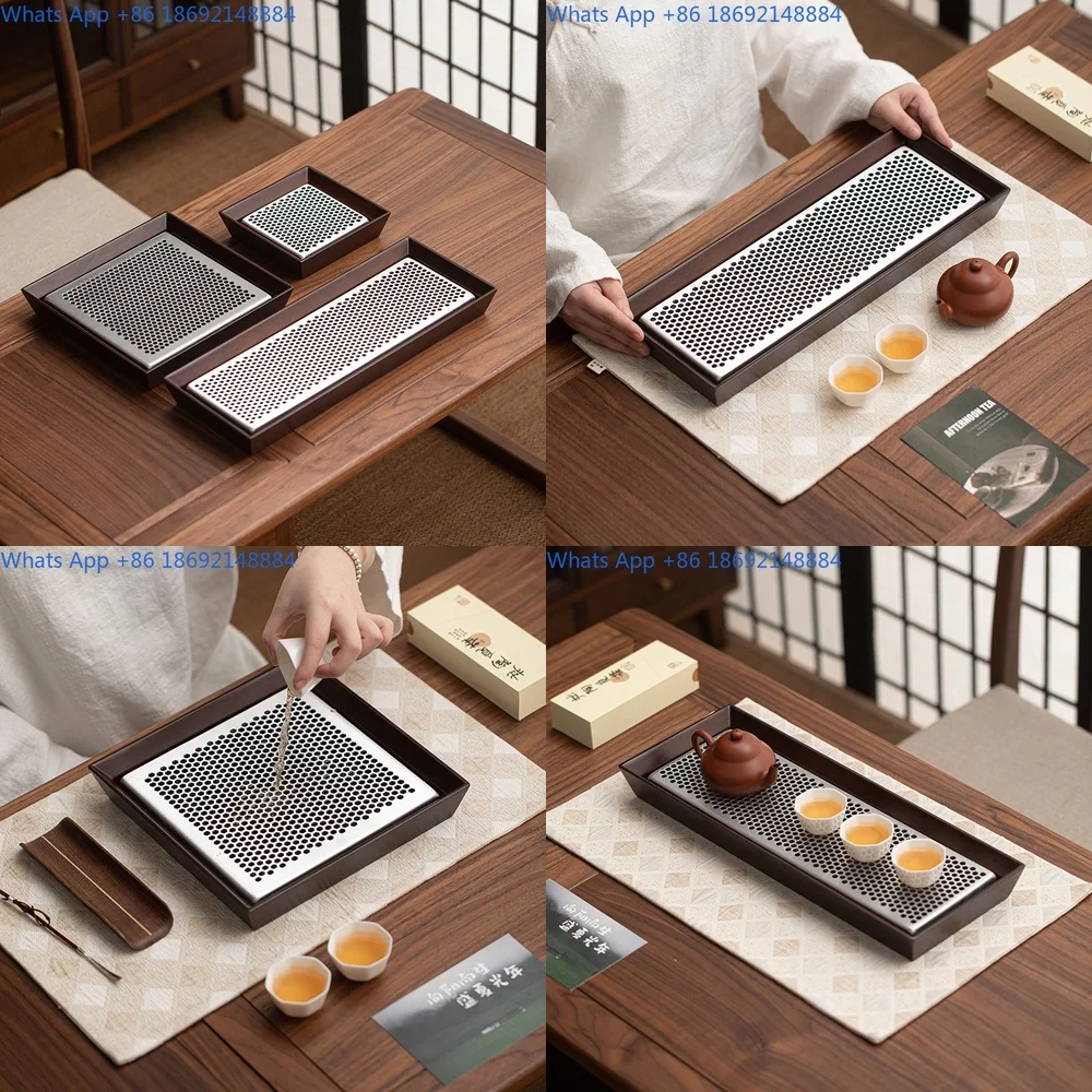 Bamboo Wood Alloy Dry Brew Tea Tray Simple Water Storage Home Office Mini Tea Table Kung Fu Tea Set
