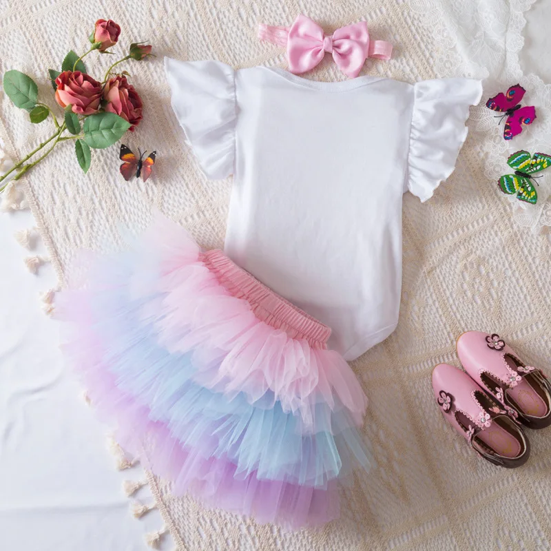 3Pcs Summer Infant Girl 1st Birthday Party Outfit Sets Letter Print Ruffle Short Sleeve Bodysuit Cute Ball Gown