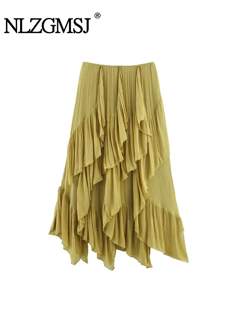 

2025 Stacked Decoration Long Skirts For Women Solid Design Midi Skirt Woman Fashion Ruffles Long Skirt Elegant Skirts