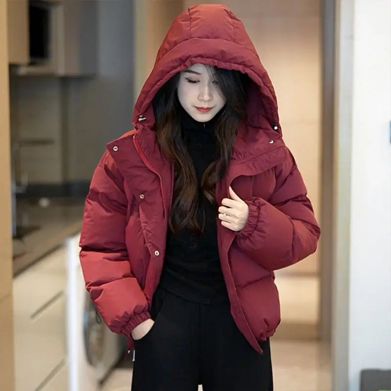 

Женское пуховое пальто с капюшоном, новые однотонные теплые утолщенные куртки с утолщенными карманами, осенне-зимняя повседневная офисная куртка на хлопковой подкладке